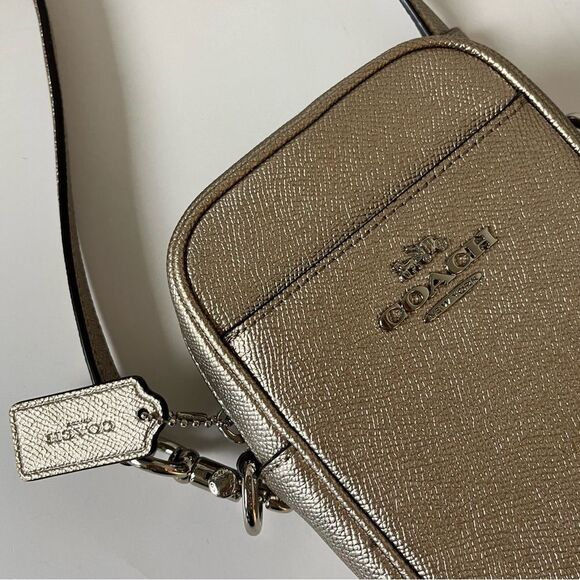 RARE Coach Phoebe Metallic Crossbody Mini Bag Crossgrain Gold Leather # F87692 - Picture 5 of 11